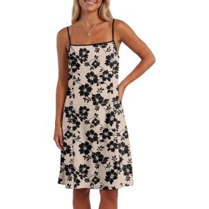 image:imageIWOLLENCE Sundresses for Women Spaghetti Strap Dress Summer Sleeveless Knee Length A Line Dress with PocketsKhaki Black Flower