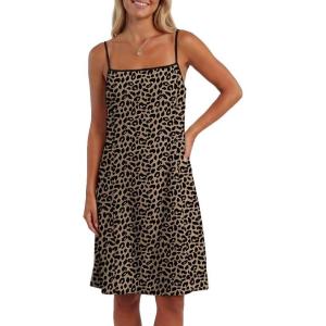 image:imageIWOLLENCE Sundresses for Women Spaghetti Strap Dress Summer Sleeveless Knee Length A Line Dress with PocketsLd Dark Khaki