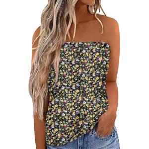 image:imageIWOLLENCE Womens Floral Tube Tops Casual Summer Backless Strapless Top Sleeveless Bandeau Tanks ShirtFp Black Yellow