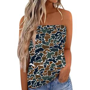 image:imageIWOLLENCE Womens Floral Tube Tops Casual Summer Backless Strapless Top Sleeveless Bandeau Tanks ShirtFp Brown Green Camo