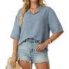 image:imageIWOLLENCE Collared Shirts for Women Half Sleeve V Neck Blouse Loose Fit Pullover Summer TopsGray Blue