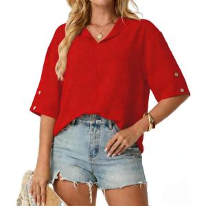 image:imageIWOLLENCE Collared Shirts for Women Half Sleeve V Neck Blouse Loose Fit Pullover Summer TopsCherry Red