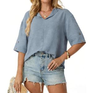 image:imageIWOLLENCE Collared Shirts for Women Half Sleeve V Neck Blouse Loose Fit Pullover Summer TopsGray Blue