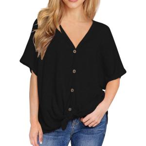 image:imageIWOLLENCE Womens Loose Henley Blouse Bat Wing Short Sleeve Button Down T Shirts Tie Front Knot Tops04 Black