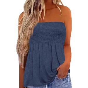 image:imageIWOLLENCE Womens Tube Tops Flowy Pleated Strapless Top Long Sleeveless Bandeau Tanks Cute Beach Coverups SummerC Dark Blue