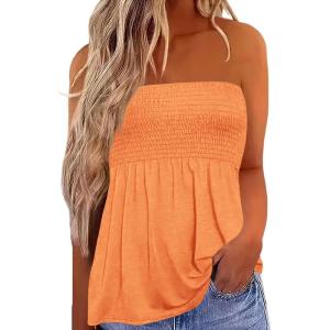 image:imageIWOLLENCE Womens Tube Tops Flowy Pleated Strapless Top Long Sleeveless Bandeau Tanks Cute Beach Coverups SummerC Orange
