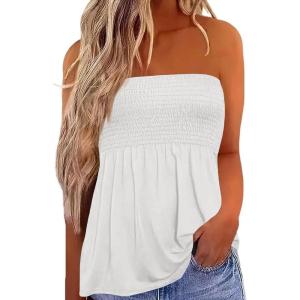 image:imageIWOLLENCE Womens Tube Tops Flowy Pleated Strapless Top Long Sleeveless Bandeau Tanks Cute Beach Coverups SummerC White