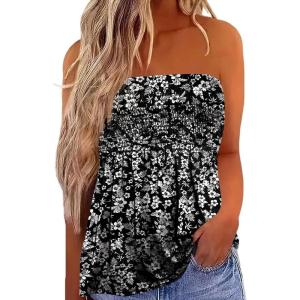 image:imageIWOLLENCE Womens Tube Tops Flowy Pleated Strapless Top Long Sleeveless Bandeau Tanks Cute Beach Coverups SummerFp Black Floral