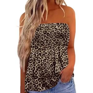 image:imageIWOLLENCE Womens Tube Tops Flowy Pleated Strapless Top Long Sleeveless Bandeau Tanks Cute Beach Coverups SummerFp Brown Leopard