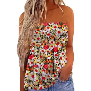 image:imageIWOLLENCE Womens Tube Tops Flowy Pleated Strapless Top Long Sleeveless Bandeau Tanks Cute Beach Coverups SummerFp Colorful Daisy