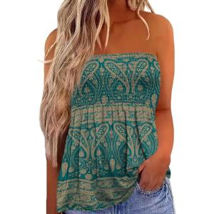 image:imageIWOLLENCE Womens Tube Tops Flowy Pleated Strapless Top Long Sleeveless Bandeau Tanks Cute Beach Coverups SummerFp Green Paisley