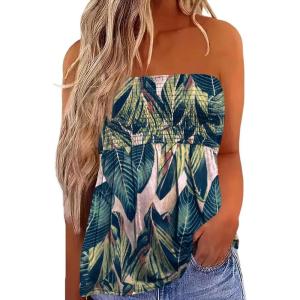 image:imageIWOLLENCE Womens Tube Tops Flowy Pleated Strapless Top Long Sleeveless Bandeau Tanks Cute Beach Coverups SummerFp Green White Leaf