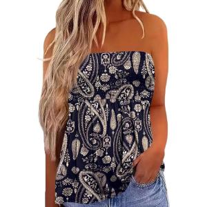 image:imageIWOLLENCE Womens Tube Tops Flowy Pleated Strapless Top Long Sleeveless Bandeau Tanks Cute Beach Coverups SummerFp Navy Blue Paisley