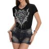 image:imageIWOLLENCE Womens Y2K Gothic Shirts V Neck Cap Short Sleeve Vintage Grahipc Tees 2000s Alternative Slim Fit Grunge Punk TopsBblack Rose