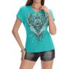 image:imageIWOLLENCE Womens Y2K Gothic Shirts V Neck Cap Short Sleeve Vintage Grahipc Tees 2000s Alternative Slim Fit Grunge Punk TopsBblue Green Rose