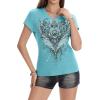 image:imageIWOLLENCE Womens Y2K Gothic Shirts V Neck Cap Short Sleeve Vintage Grahipc Tees 2000s Alternative Slim Fit Grunge Punk TopsBblue Rose