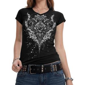 image:imageIWOLLENCE Womens Y2K Gothic Shirts V Neck Cap Short Sleeve Vintage Grahipc Tees 2000s Alternative Slim Fit Grunge Punk TopsBblack Rose