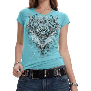 image:imageIWOLLENCE Womens Y2K Gothic Shirts V Neck Cap Short Sleeve Vintage Grahipc Tees 2000s Alternative Slim Fit Grunge Punk TopsBblue Rose