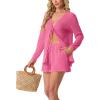 image:imageIWOLLENCE Womens 2 Piece Swimsuit Cover Up Waffle Cardigan Tops and Shorts with Pockets Sets Bathing Suit Beach OutfitCpink