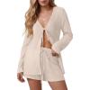 image:imageIWOLLENCE Womens 2 Piece Swimsuit Cover Up Waffle Cardigan Tops and Shorts with Pockets Sets Bathing Suit Beach OutfitCcream White