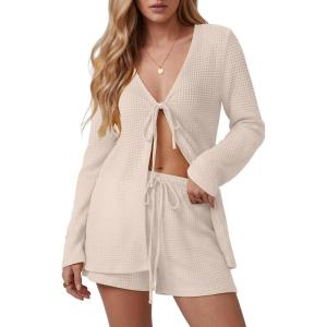 image:imageIWOLLENCE Womens 2 Piece Swimsuit Cover Up Waffle Cardigan Tops and Shorts with Pockets Sets Bathing Suit Beach OutfitCcream White
