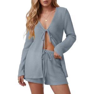 image:imageIWOLLENCE Womens 2 Piece Swimsuit Cover Up Waffle Cardigan Tops and Shorts with Pockets Sets Bathing Suit Beach OutfitCgray Blue