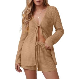 image:imageIWOLLENCE Womens 2 Piece Swimsuit Cover Up Waffle Cardigan Tops and Shorts with Pockets Sets Bathing Suit Beach OutfitCkhaki