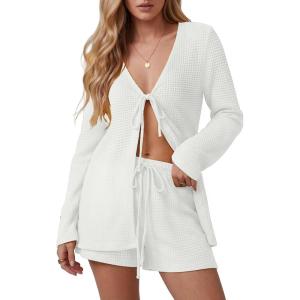 image:imageIWOLLENCE Womens 2 Piece Swimsuit Cover Up Waffle Cardigan Tops and Shorts with Pockets Sets Bathing Suit Beach OutfitCwhite