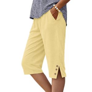image:imageIWOLLENCE Womens Casual Summer Bermuda Shorts Side Split Button Deco Knee Length Long Shorts with PocketsCbutter Yellow