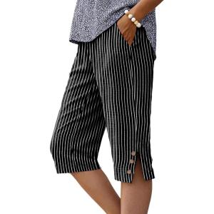 image:imageIWOLLENCE Womens Casual Summer Bermuda Shorts Side Split Button Deco Knee Length Long Shorts with PocketsFpblack Stripe
