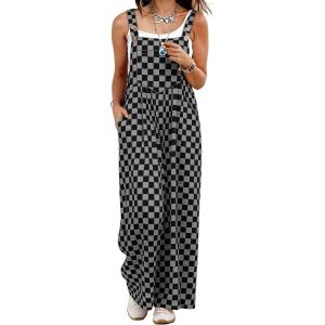 image:imageIWOLLENCE Womens Loose Checkered Overalls Wide Straight Leg Jumpers and Rompers Y2K Sleeveless Jumpsuits with PocketsCkblack Grey