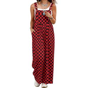image:imageIWOLLENCE Womens Loose Checkered Overalls Wide Straight Leg Jumpers and Rompers Y2K Sleeveless Jumpsuits with PocketsCkblack Red