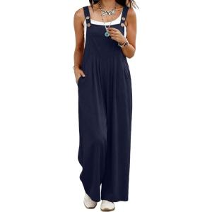 image:imageIWOLLENCE Womens Loose Checkered Overalls Wide Straight Leg Jumpers and Rompers Y2K Sleeveless Jumpsuits with PocketsCnavy Blue