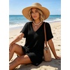 image:imageIWOLLENCE Swimsuit Coverup for Women Crochet V Neck Short Sleeve Beach Cover Up Dress with PocketsBlack
