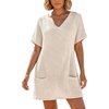 image:imageIWOLLENCE Swimsuit Coverup for Women Crochet V Neck Short Sleeve Beach Cover Up Dress with PocketsCream