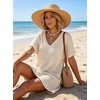 image:imageIWOLLENCE Swimsuit Coverup for Women Crochet V Neck Short Sleeve Beach Cover Up Dress with PocketsCream