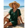 image:imageIWOLLENCE Swimsuit Coverup for Women Crochet V Neck Short Sleeve Beach Cover Up Dress with PocketsDark Green