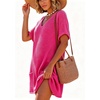 image:imageIWOLLENCE Swimsuit Coverup for Women Crochet V Neck Short Sleeve Beach Cover Up Dress with PocketsHot Pink