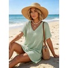 image:imageIWOLLENCE Swimsuit Coverup for Women Crochet V Neck Short Sleeve Beach Cover Up Dress with PocketsLight Green