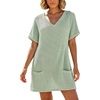 image:imageIWOLLENCE Swimsuit Coverup for Women Crochet V Neck Short Sleeve Beach Cover Up Dress with PocketsLight Green