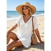 image:imageIWOLLENCE Swimsuit Coverup for Women Crochet V Neck Short Sleeve Beach Cover Up Dress with PocketsWhite
