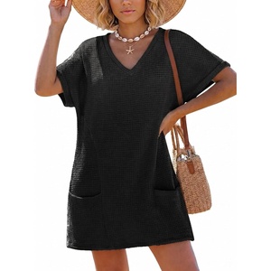 image:imageIWOLLENCE Swimsuit Coverup for Women Crochet V Neck Short Sleeve Beach Cover Up Dress with PocketsBlack