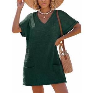 image:imageIWOLLENCE Swimsuit Coverup for Women Crochet V Neck Short Sleeve Beach Cover Up Dress with PocketsDark Green
