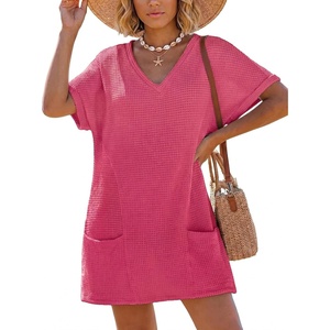 image:imageIWOLLENCE Swimsuit Coverup for Women Crochet V Neck Short Sleeve Beach Cover Up Dress with PocketsHot Pink