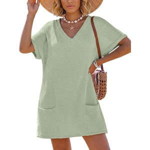 image:imageIWOLLENCE Swimsuit Coverup for Women Crochet V Neck Short Sleeve Beach Cover Up Dress with PocketsLight Green