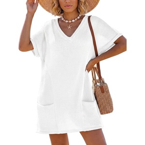 image:imageIWOLLENCE Swimsuit Coverup for Women Crochet V Neck Short Sleeve Beach Cover Up Dress with PocketsWhite