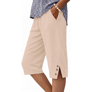 image:imageIWOLLENCE Womens Casual Summer Bermuda Shorts Side Split Button Deco Knee Length Long Shorts with PocketsCcream Apricot