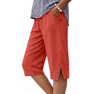 image:imageIWOLLENCE Womens Casual Summer Bermuda Shorts Side Split Button Deco Knee Length Long Shorts with PocketsCorange Red