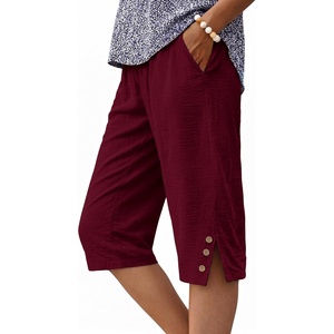 image:imageIWOLLENCE Womens Casual Summer Bermuda Shorts Side Split Button Deco Knee Length Long Shorts with PocketsCwine Red