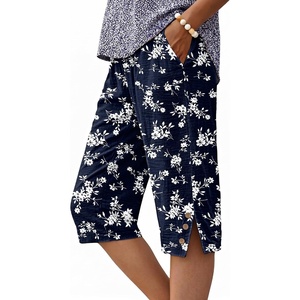 image:imageIWOLLENCE Womens Casual Summer Bermuda Shorts Side Split Button Deco Knee Length Long Shorts with PocketsFpblue Floral